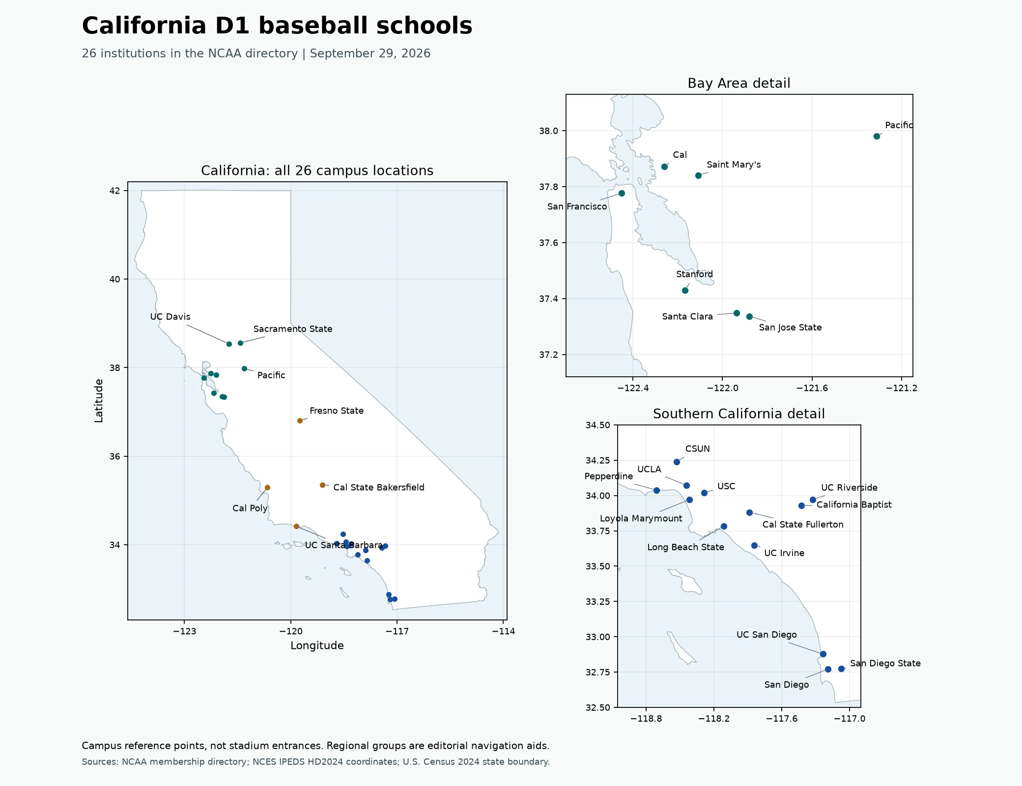Map showing all 26 California D1 baseball school campus locations with Bay Area and Southern California detail panels