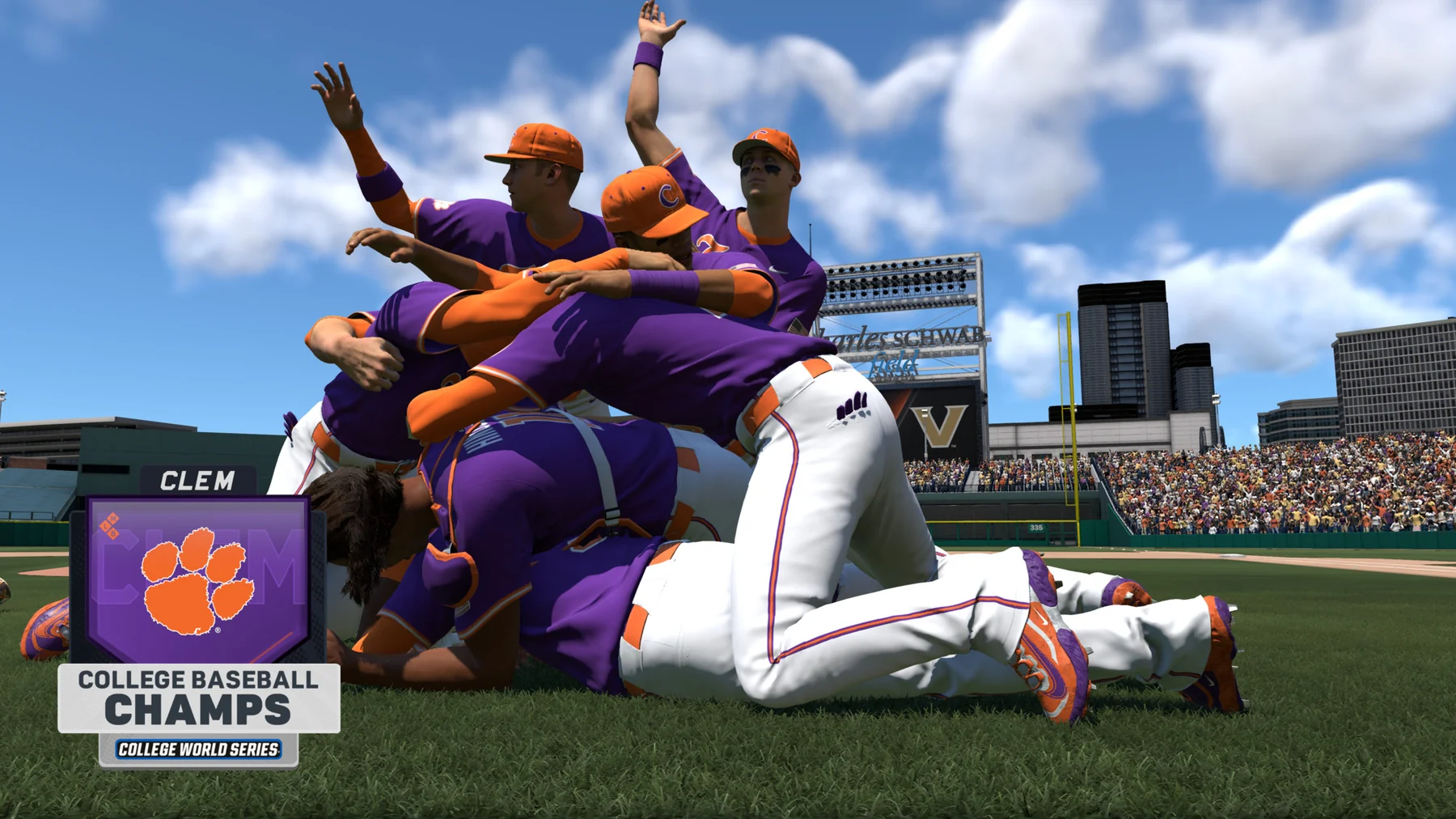 MLB The Show 26 screenshot of Clemson players celebrating at Charles Schwab Field