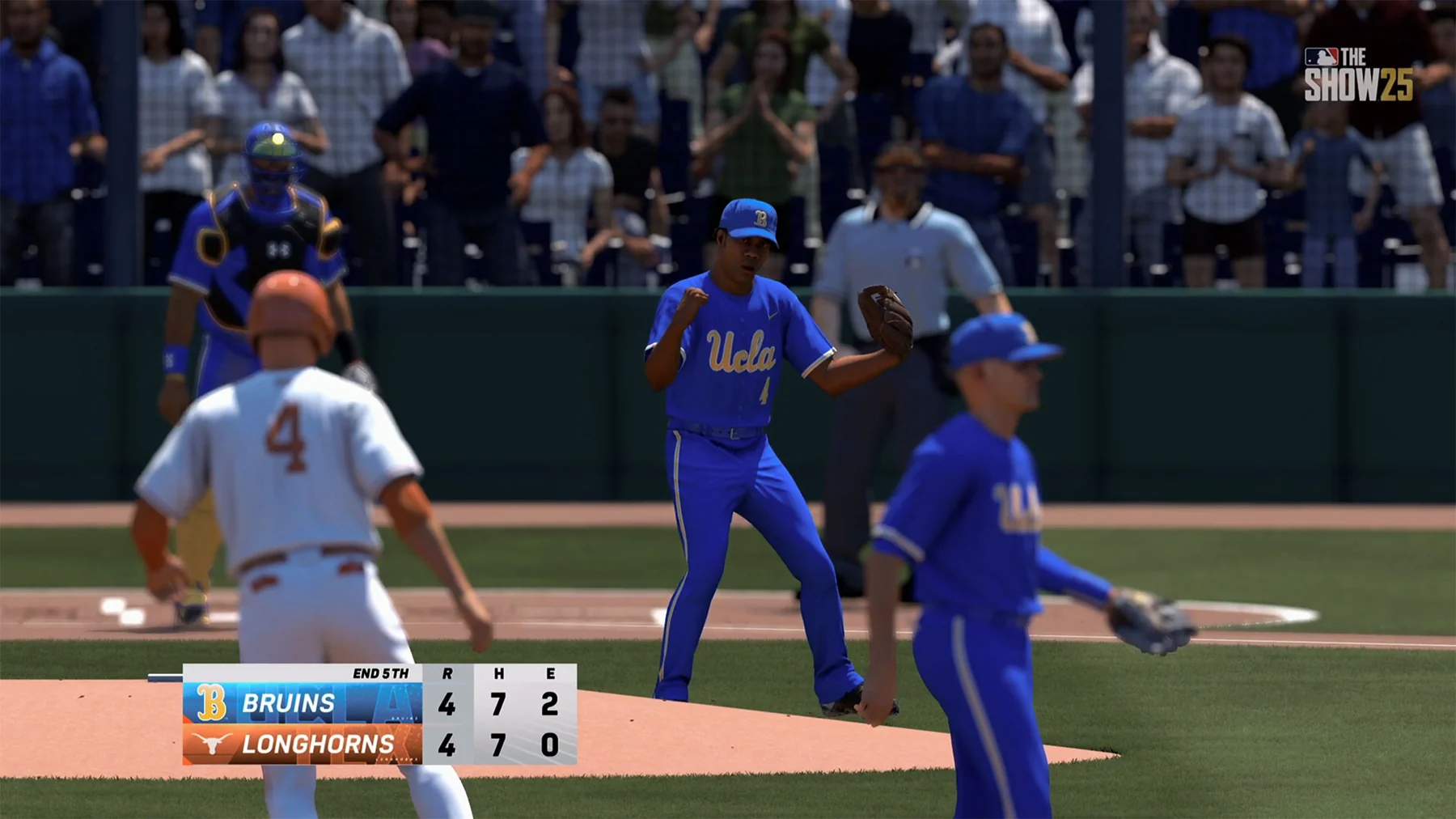 Official MLB The Show 25 screenshot showing UCLA against Texas