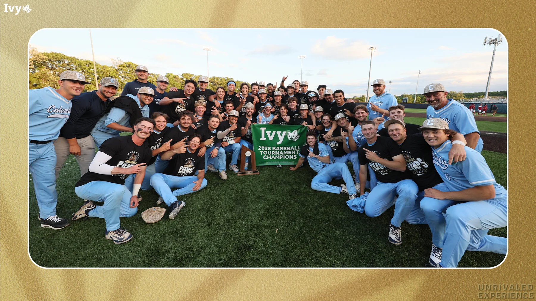 Columbia baseball players gathered for a team championship photograph